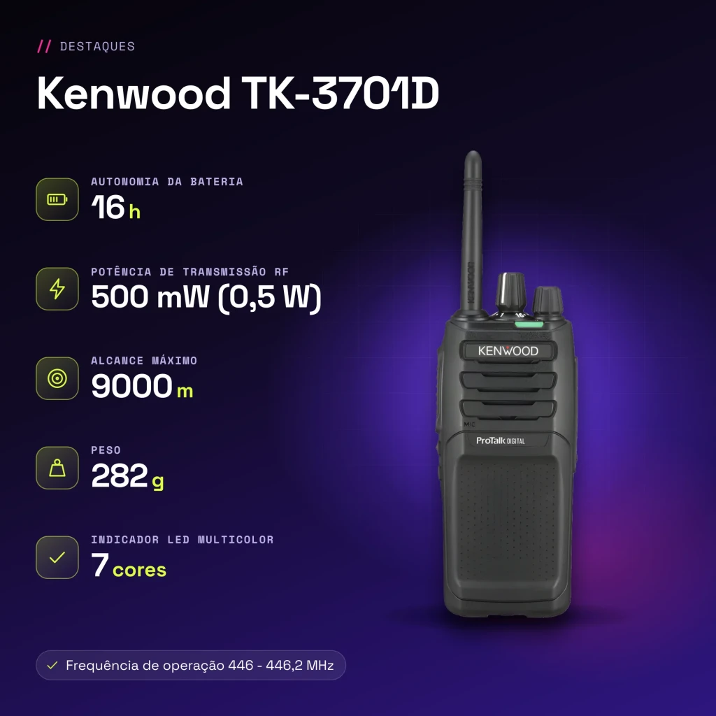Walkie Talkie Kenwood Preto 9000m 48 Canais (32 dPMR446 + 16 PMR446) TK-3701D - características