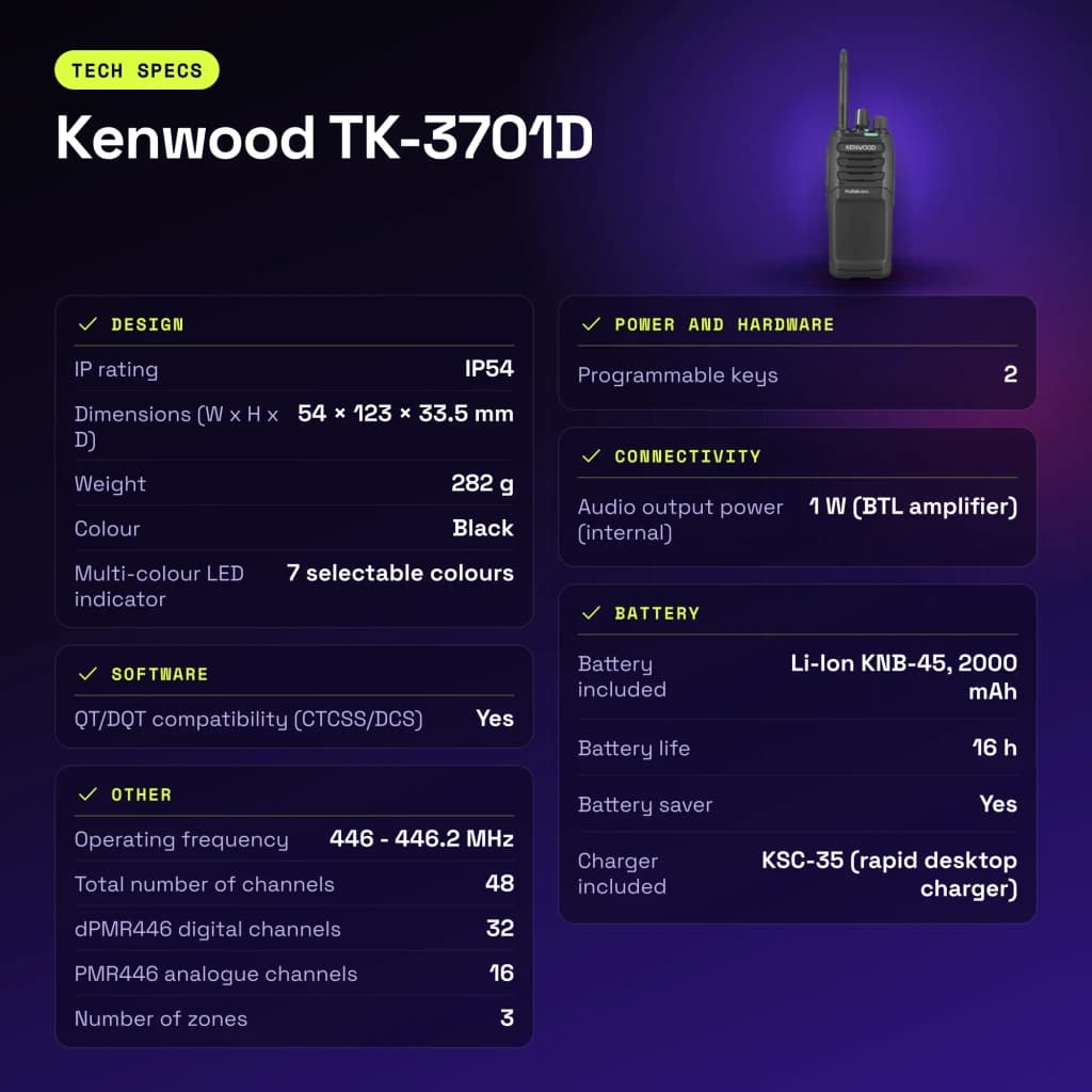 Talkie Walkie Kenwood Noir 9000m 48 Canaux (32 dPMR446 + 16 PMR446) TK-3701D - caractéristiques