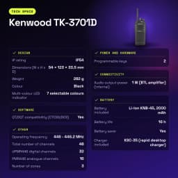 Talkie Walkie Kenwood Noir 9000m 48 Canaux (32 dPMR446 + 16 PMR446) TK-3701D - caractéristiques