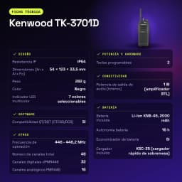 Talkie Walkie Kenwood Noir 9000m 48 Canaux (32 dPMR446 + 16 PMR446) TK-3701D - caractéristiques