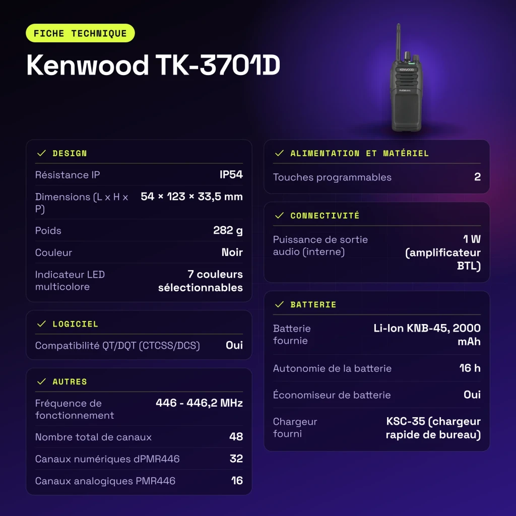 Talkie Walkie Kenwood Noir 9000m 48 Canaux (32 dPMR446 + 16 PMR446) TK-3701D - caractéristiques