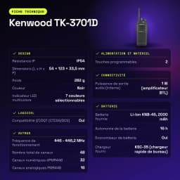 Talkie Walkie Kenwood Noir 9000m 48 Canaux (32 dPMR446 + 16 PMR446) TK-3701D - caractéristiques