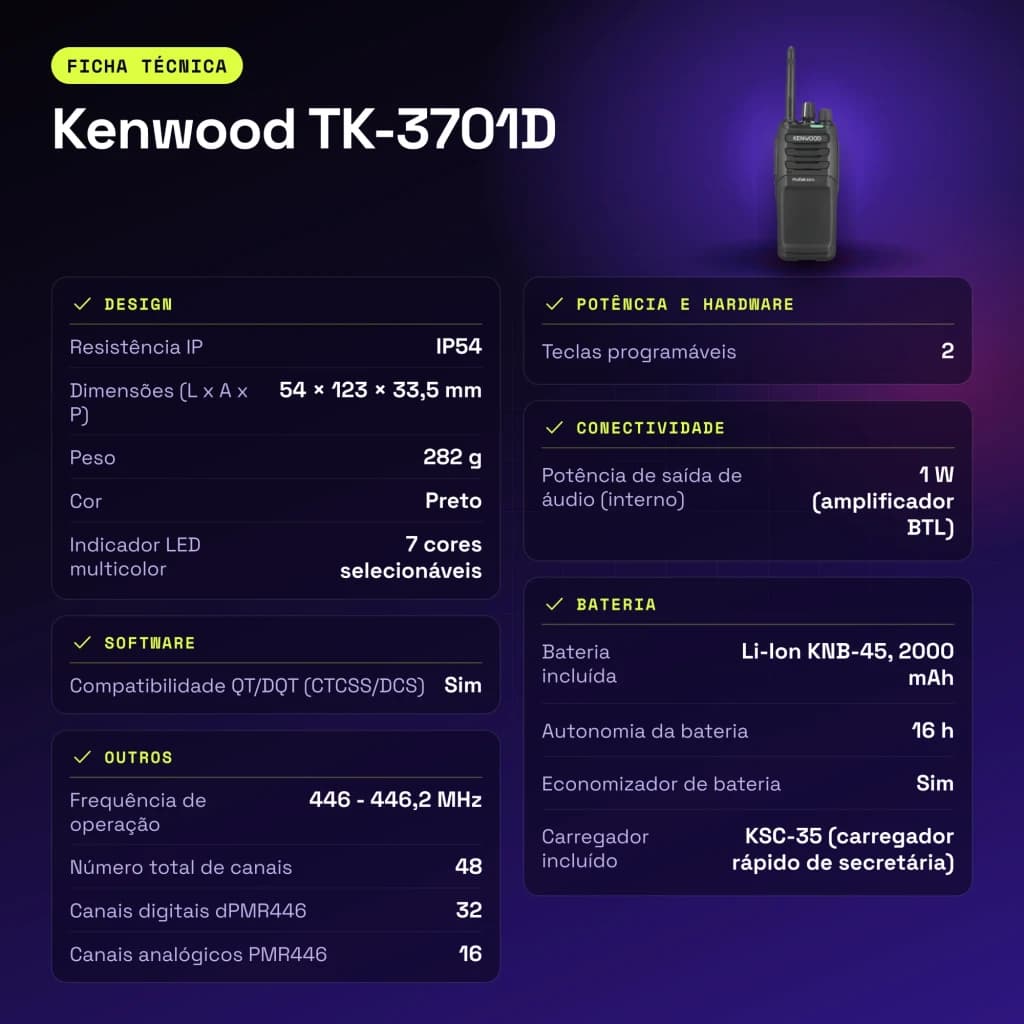 Talkie Walkie Kenwood Noir 9000m 48 Canaux (32 dPMR446 + 16 PMR446) TK-3701D - caractéristiques