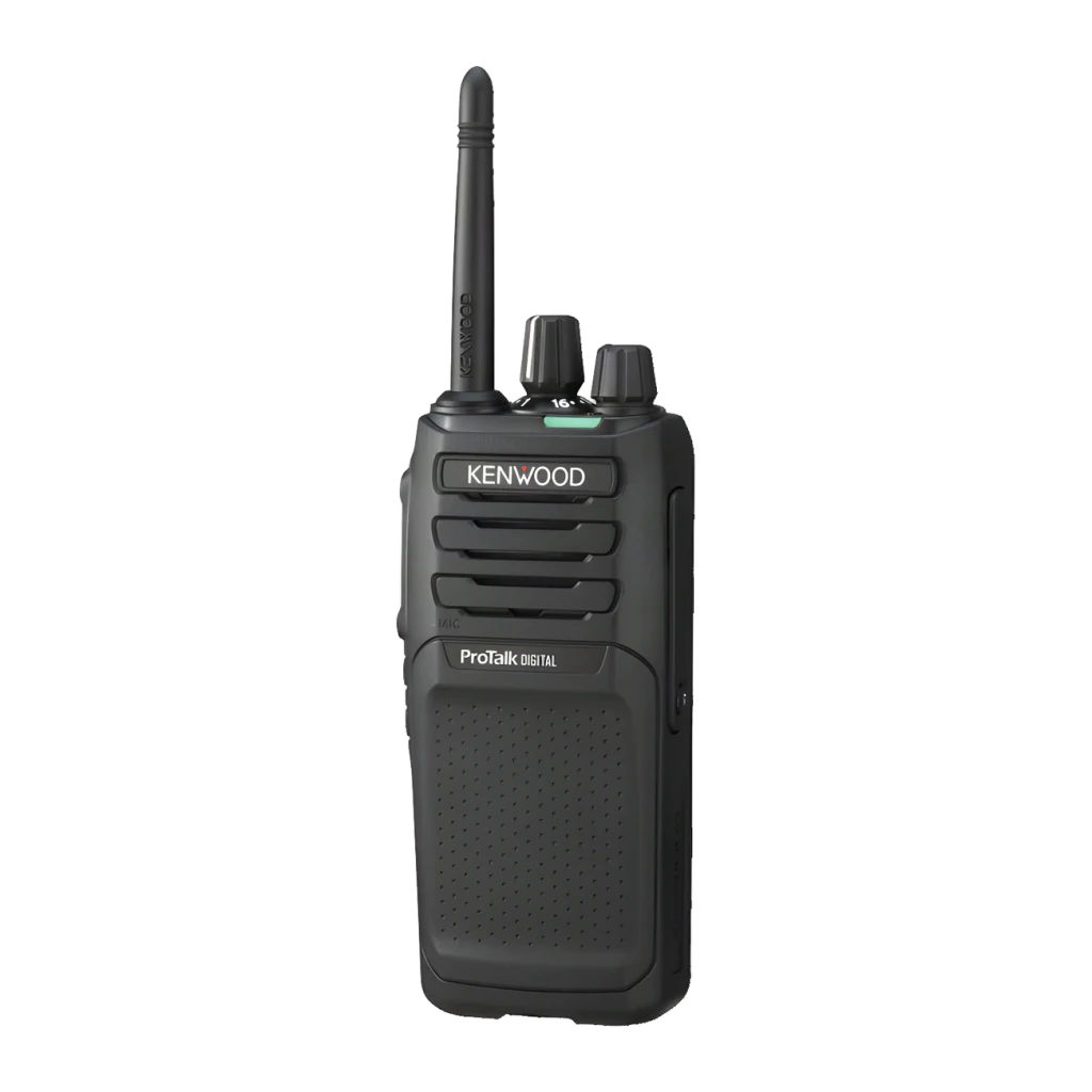 Talkie Walkie Kenwood Noir 9000m 48 Canaux (32 dPMR446 + 16 PMR446) TK-3701D, vue avant: antenne, logo Kenwood, grille