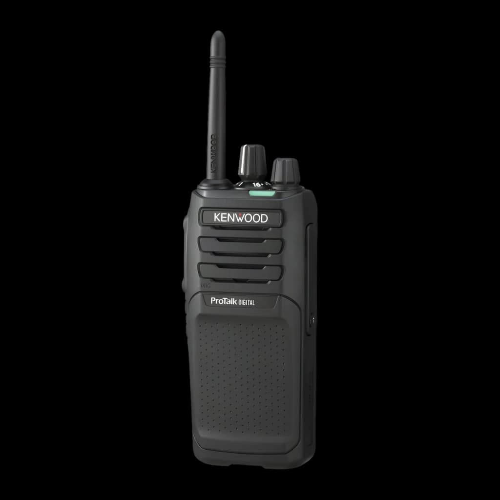 Talkie Walkie Kenwood Noir 9000m 48 Canaux (32 dPMR446 + 16 PMR446) TK-3701D, vue avant: antenne, logo Kenwood, grille