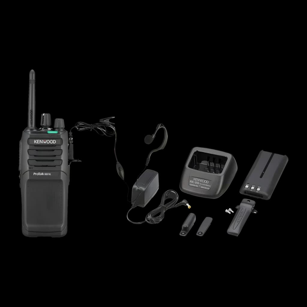 Talkie Walkie Kenwood Noir 9000m 48 Canaux (32 dPMR446 + 16 PMR446) TK-3701D, contenu boîte: talkie, oreillette, chargeur