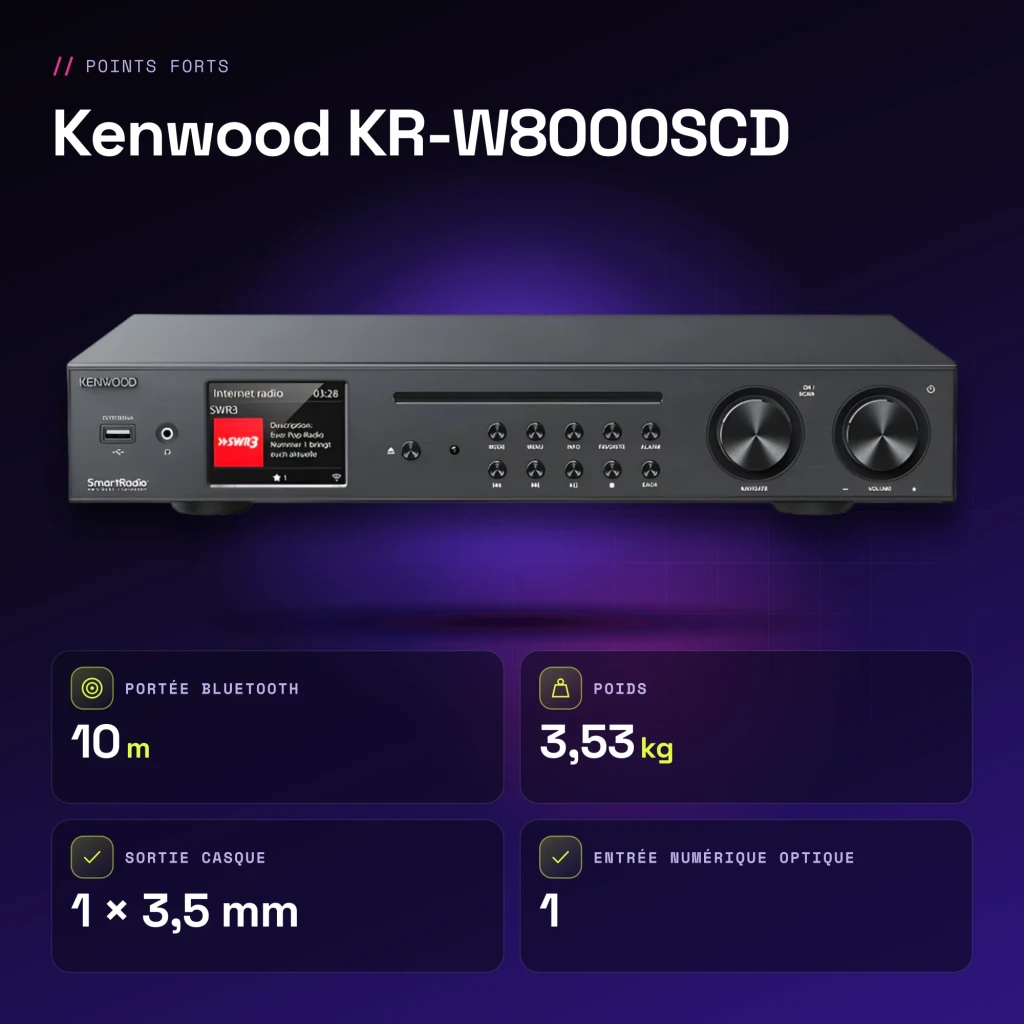 Ampli-tuner Hi-Fi Kenwood 60W Streaming Noir KR-W8000SCD - caractéristiques