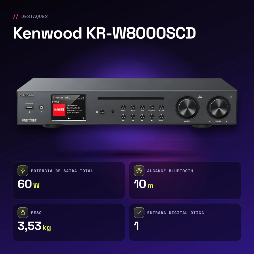 Recetor Hi-Fi Kenwood 60W Streaming Preto KR-W8000SCD - características