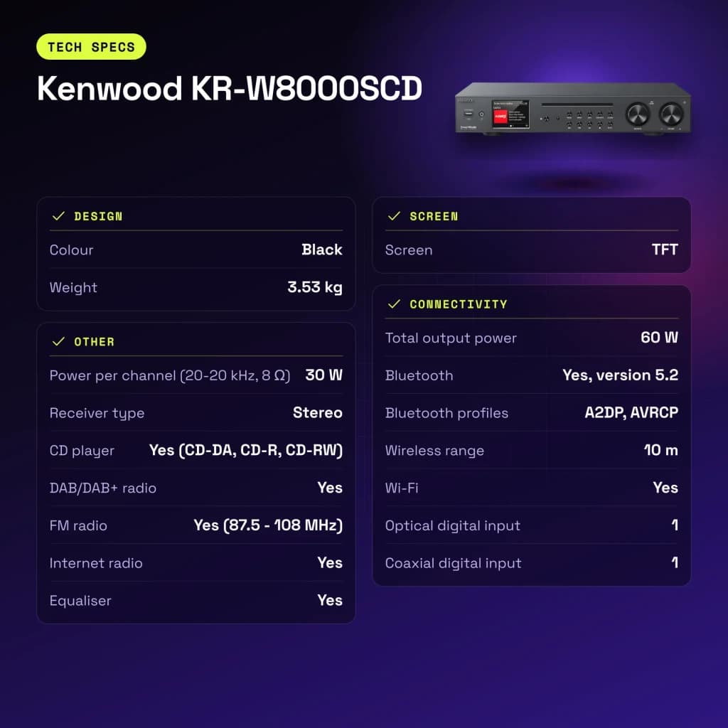 Ampli-tuner Hi-Fi Kenwood 60W Streaming Noir KR-W8000SCD - caractéristiques