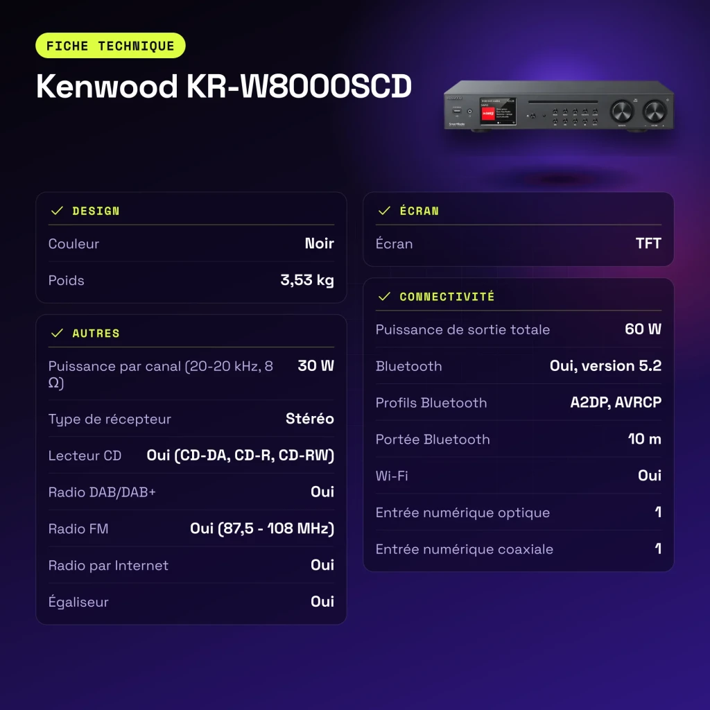 Ampli-tuner Hi-Fi Kenwood 60W Streaming Noir KR-W8000SCD - caractéristiques