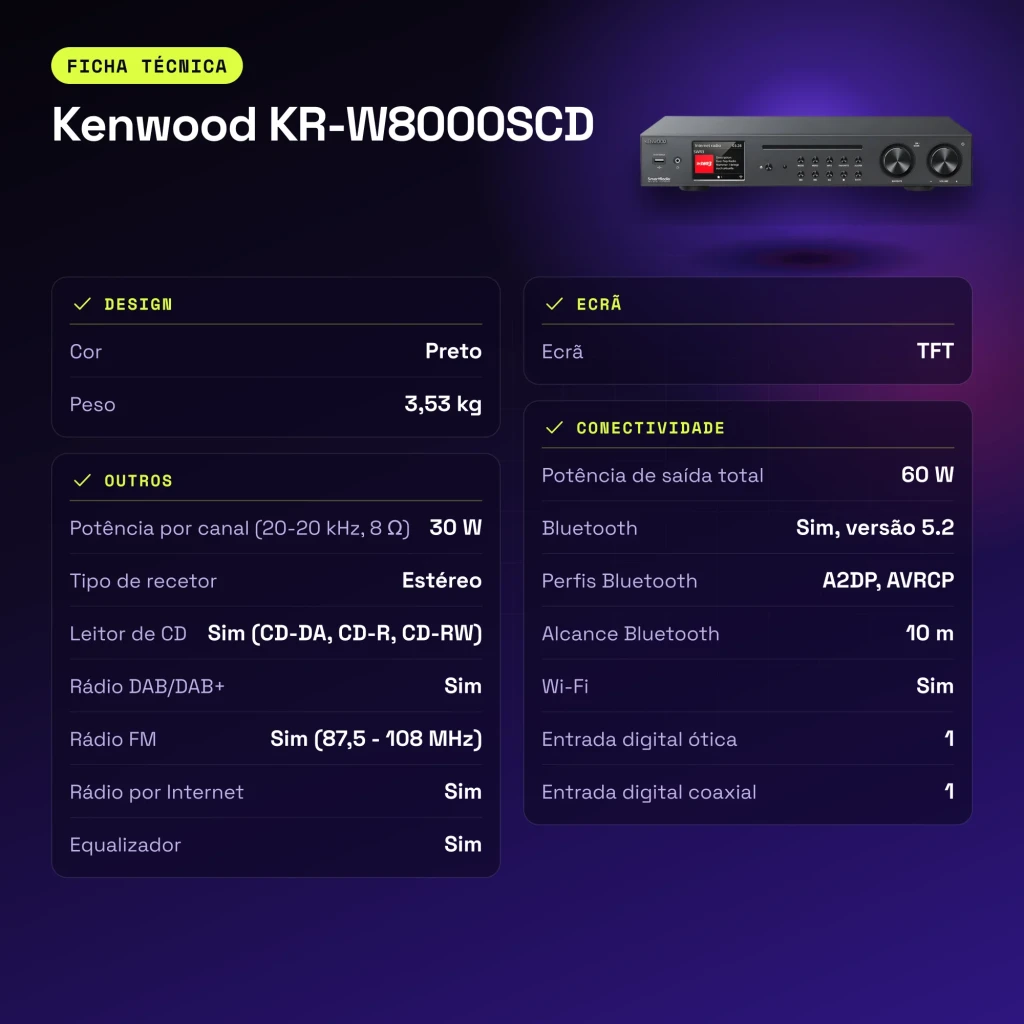 Recetor Hi-Fi Kenwood 60W Streaming Preto KR-W8000SCD - características