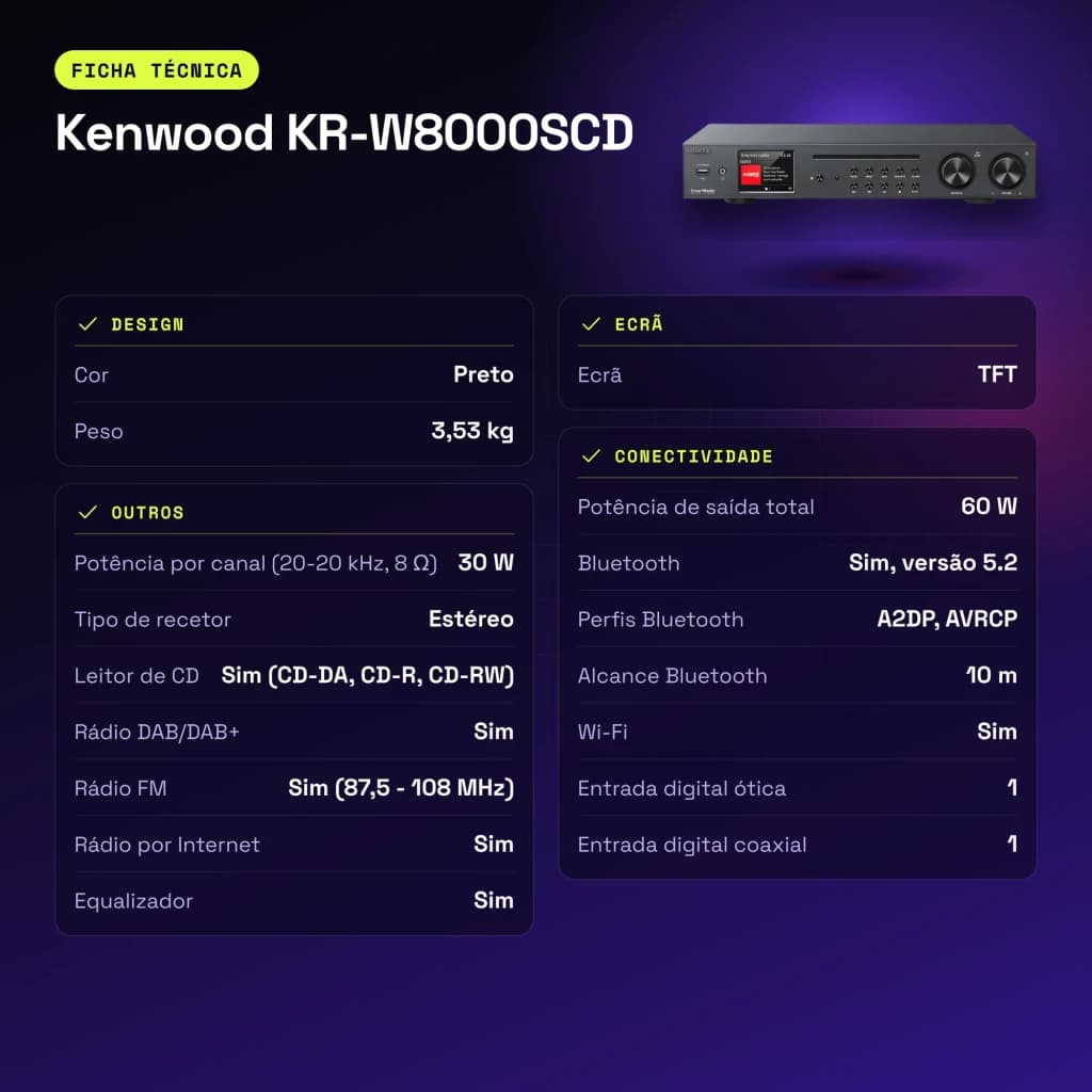 Ampli-tuner Hi-Fi Kenwood 60W Streaming Noir KR-W8000SCD - caractéristiques