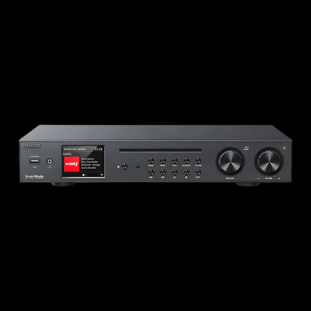 Ampli-tuner Hi-Fi Kenwood 60W Streaming Noir KR-W8000SCD, face avant: écran couleur radio internet SWR3, touches