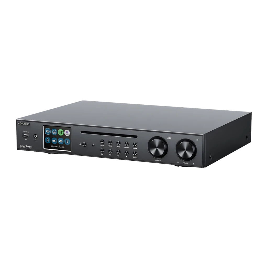 Ampli-tuner Hi-Fi Kenwood 60W Streaming Noir KR-W8000SCD, vue en angle: façade avec écran couleur, lecteur CD et boutons
