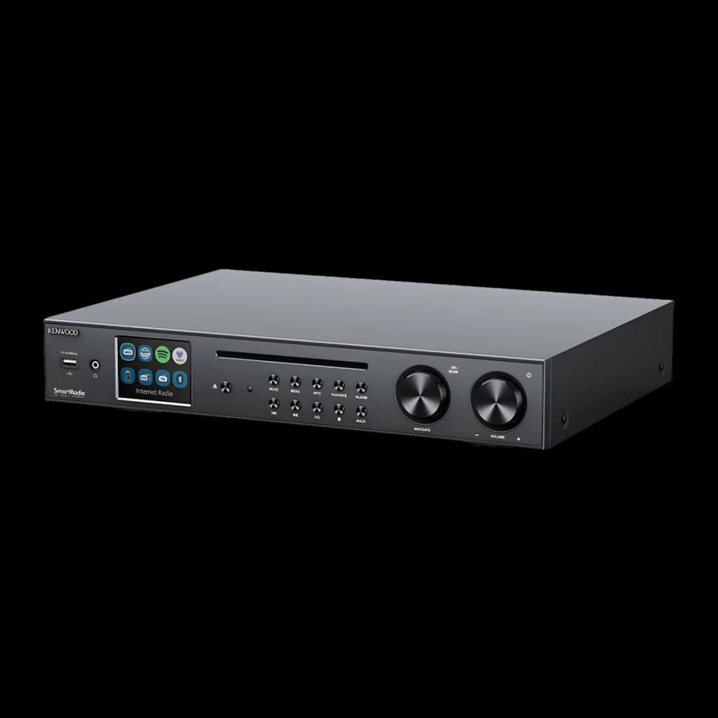 Ampli-tuner Hi-Fi Kenwood 60W Streaming Noir KR-W8000SCD, vue en angle: façade avec écran couleur, lecteur CD et boutons