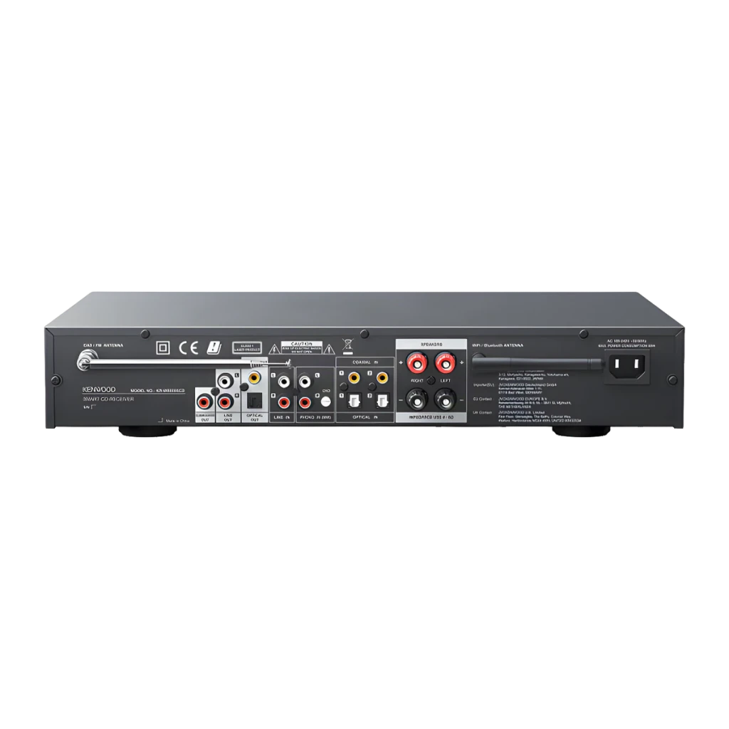 Ampli-tuner Hi-Fi Kenwood 60W Streaming Noir KR-W8000SCD, face arrière: prises RCA, optique, antennes FM/BT et bornes