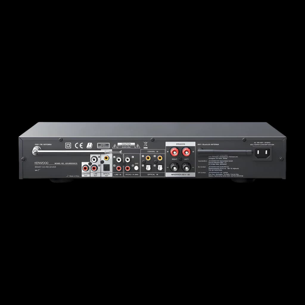 Ampli-tuner Hi-Fi Kenwood 60W Streaming Noir KR-W8000SCD, face arrière: prises RCA, optique, antennes FM/BT et bornes