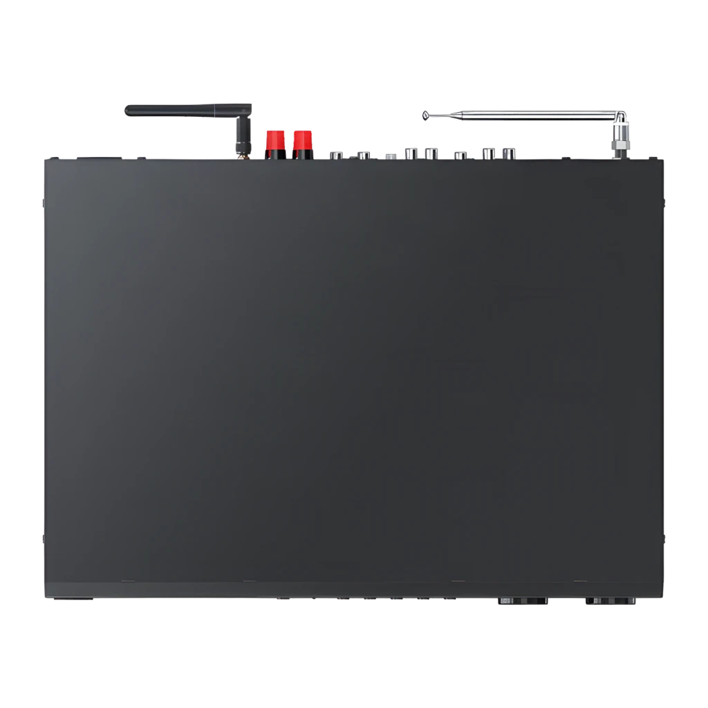 Ampli-tuner Hi-Fi Kenwood 60W Streaming Noir KR-W8000SCD, vue du dessus: antenne Wi-Fi, bornes rouges et connecteurs arrière