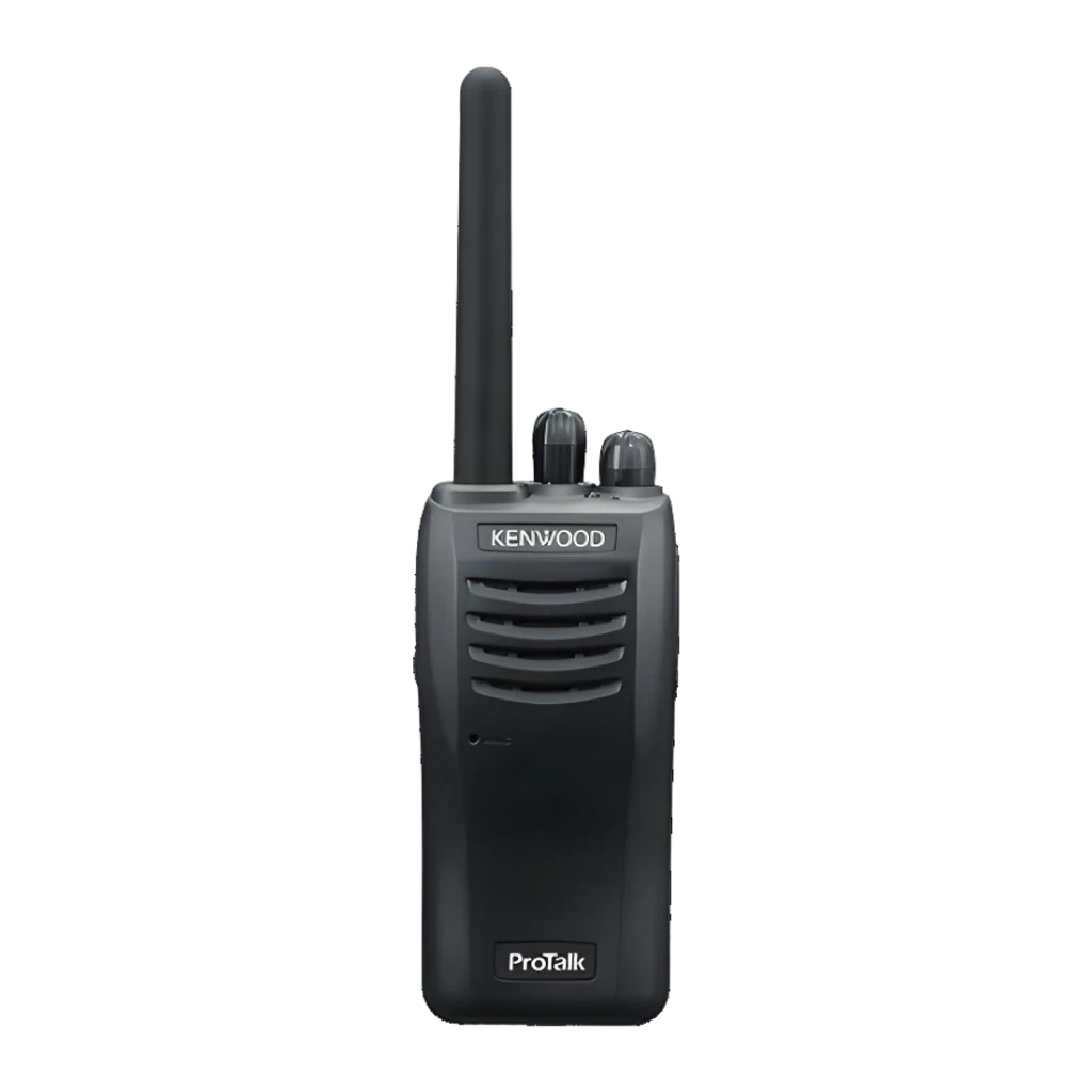 Walkie Talkie Kenwood Negro 16 Canales Individual TK-3501E, vista frontal: antena, altavoz, logo KENWOOD y ProTalk visibles