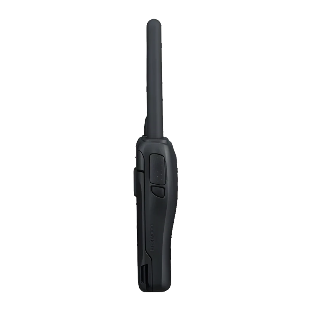 Walkie Talkie Kenwood Negro 16 Canales Individual TK-3501E, vista lateral: antena, botones laterales y clip de cinturón