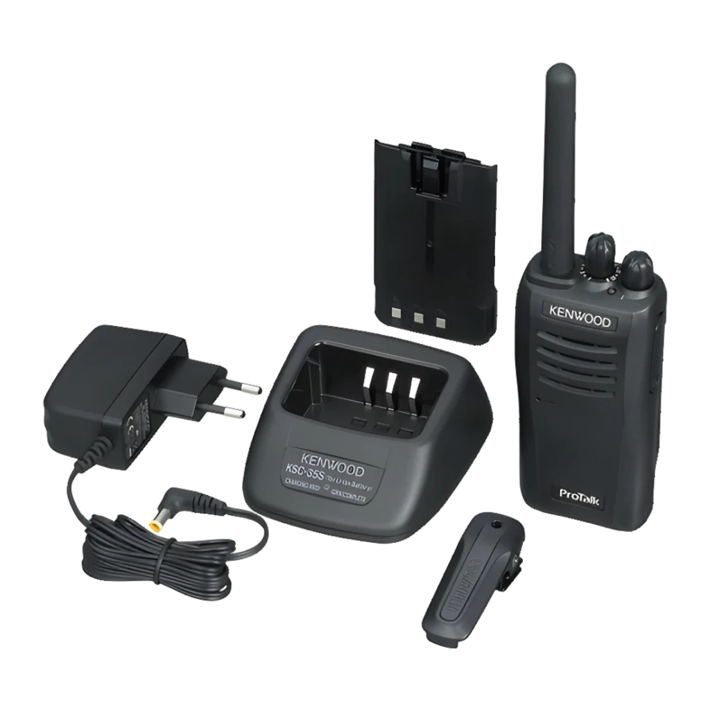 Walkie Talkie Kenwood Negro 16 Canales Individual TK-3501E, contenido: walkie, batería, cargador KSC-65S, adaptador y clip