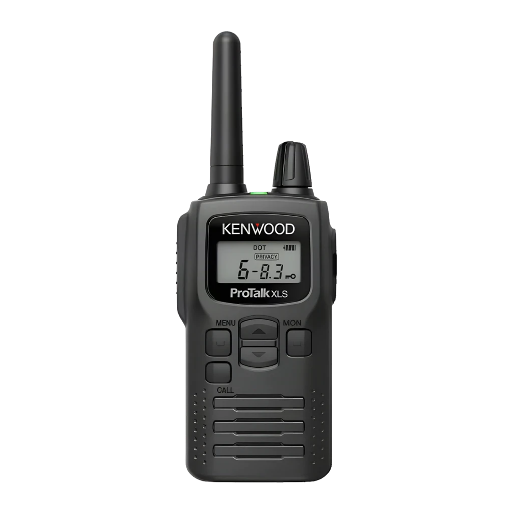 Walkie Talkie Kenwood Electronics ProTalk XLS Negro 9,7km 16 Canales PKT-300, vista frontal: pantalla LCD, botones MENU MON