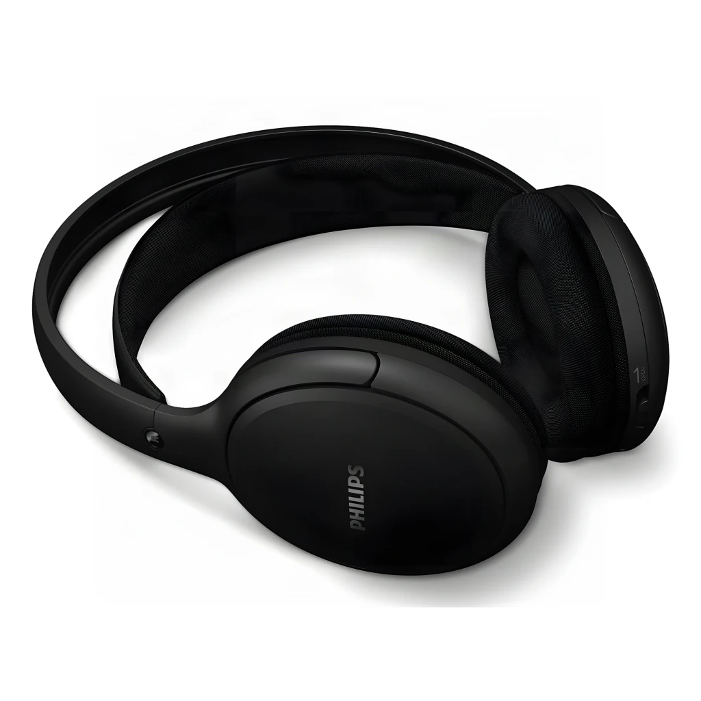 Casque Philips Arceau Sans Fil RF 30h Noir SHC5200, vue en perspective: arceau rembourré et logo Philips sur le coussin