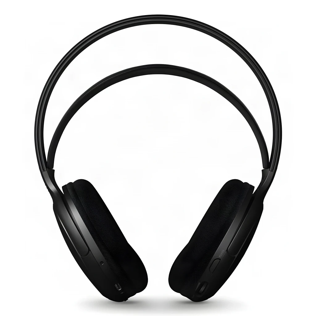 Casque Philips Arceau Sans Fil RF 30h Noir SHC5200, vue de face: arceau ajustable et coussinets noirs