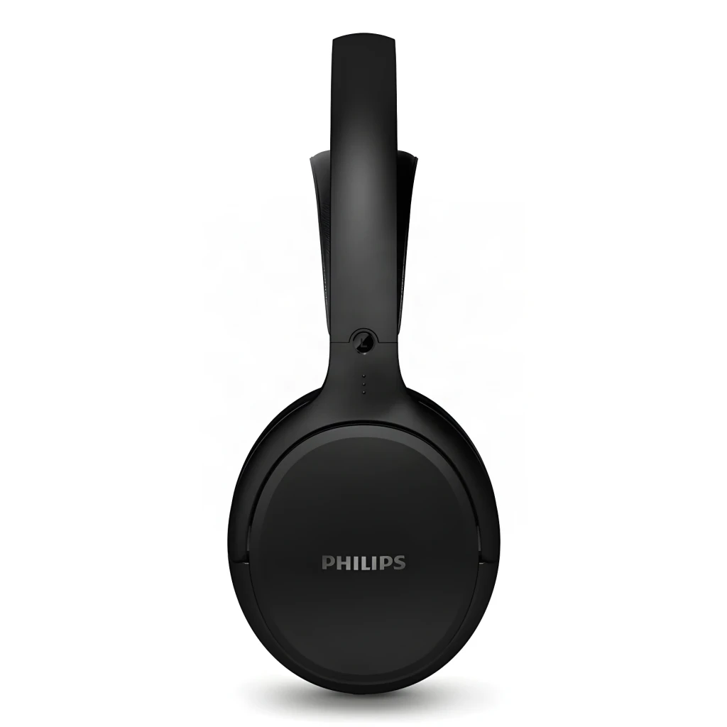 Casque Philips Arceau Sans Fil RF 30h Noir SHC5200, vue latérale: coque ovale avec logo Philips et arceau ajustable