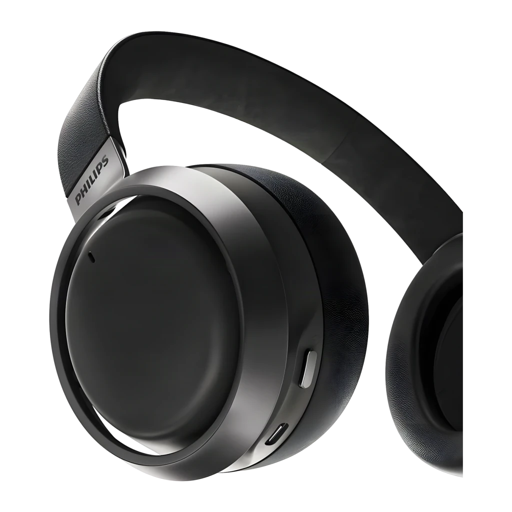 Philips Fidelio L3 Noir, détail latéral: coque avec anneau argenté, logo Philips et port USB-C visible