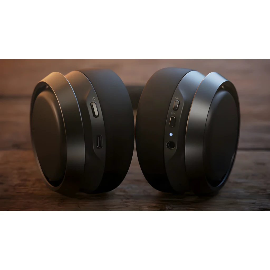 Philips Fidelio L3 Over-Ear Noir, détail latéral: ports USB-C, boutons de contrôle et LED bleue sur les oreillettes