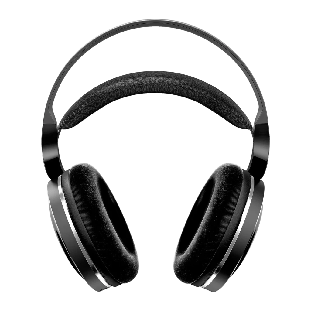 Philips SHD8850 Casque TV noir, vue de face: arceau rembourré et coussinets en velours avec liseré argenté