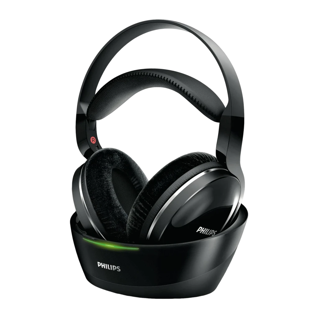 Philips Casque SHD8850 Noir, vue avant: casque sur base de charge avec voyant LED vert