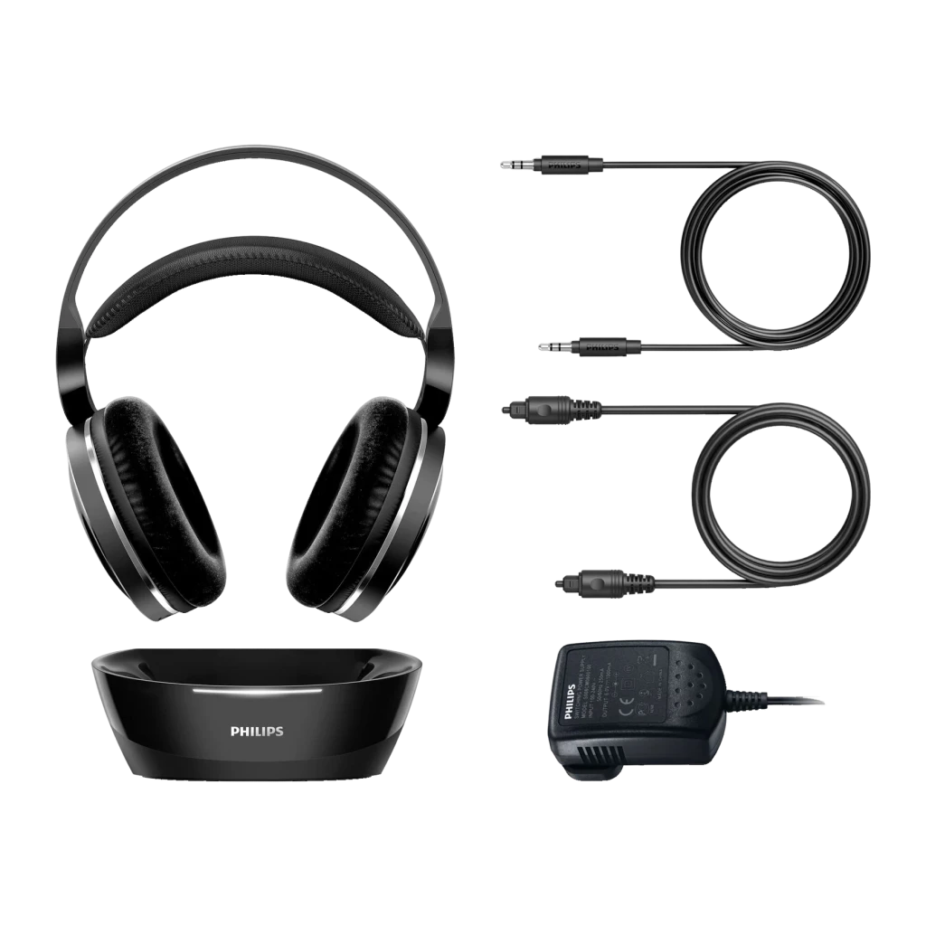 Philips SHD8850 Noir, contenu de la boîte: casque, base de charge, câbles audio et adaptateur secteur