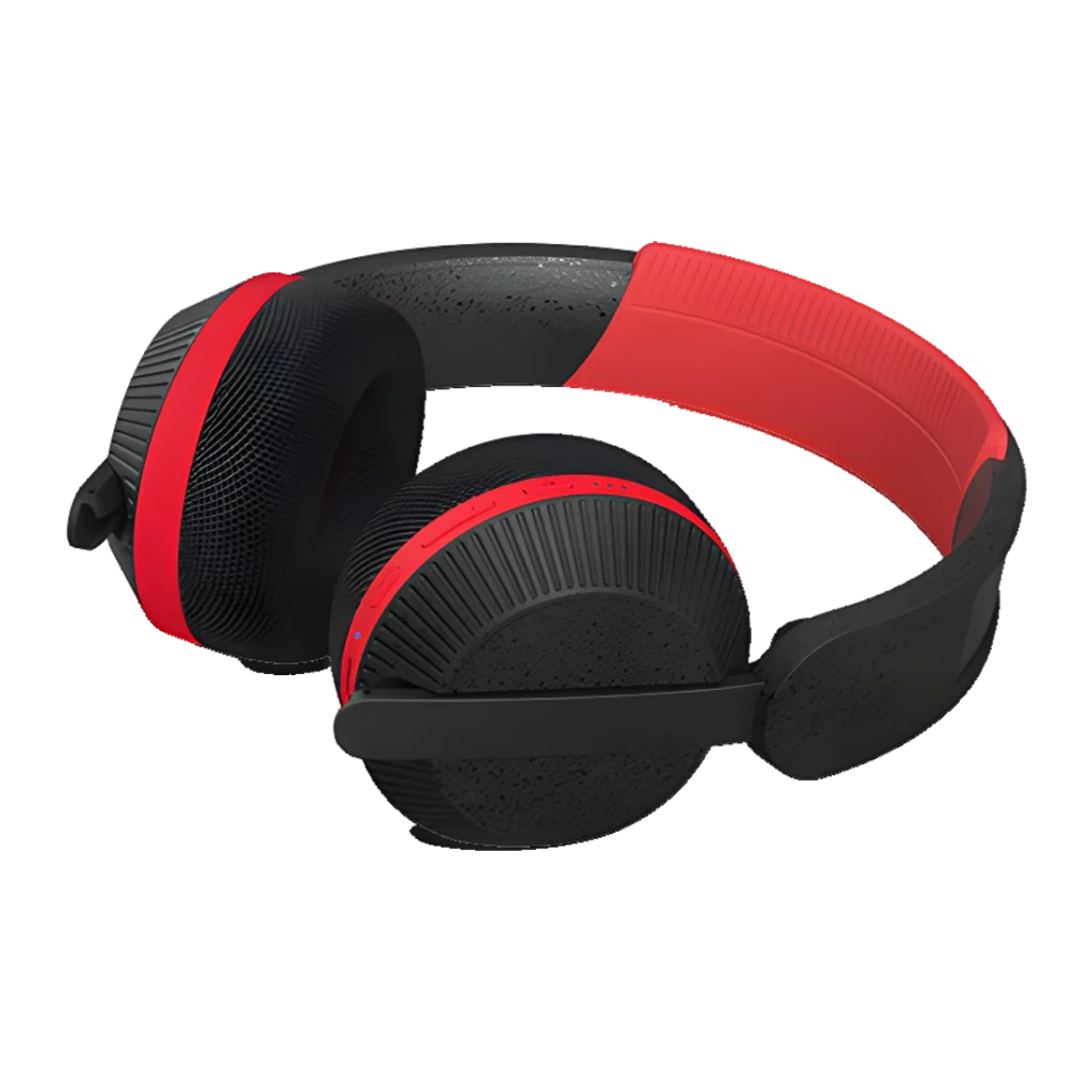 Philips TAA6219BK noir, vue latérale arrière: arceau rouge nervuré, coussinets noirs à texture radiale et liseré rouge