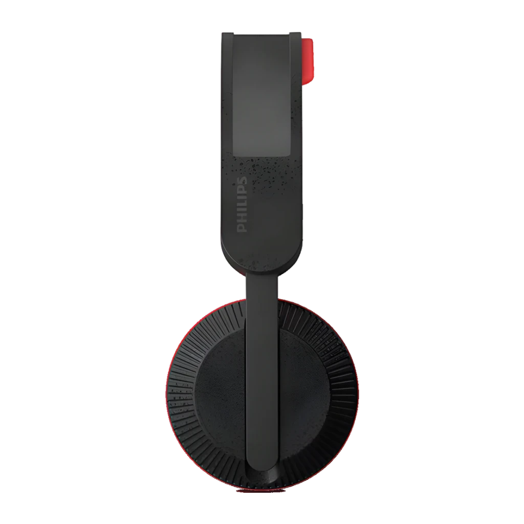 Philips TAA6219BK noir, vue latérale: arceau avec logo, coussin noir et bordure rouge visible