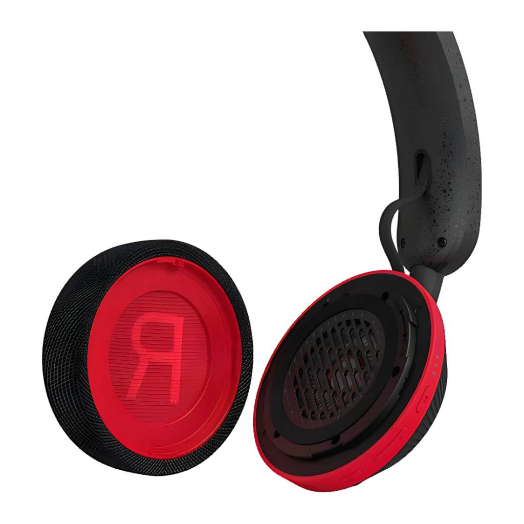 Philips TAA6219BK noir, détail casque: coussinets rouges avec lettre R, grille du driver et arceau gris texturé