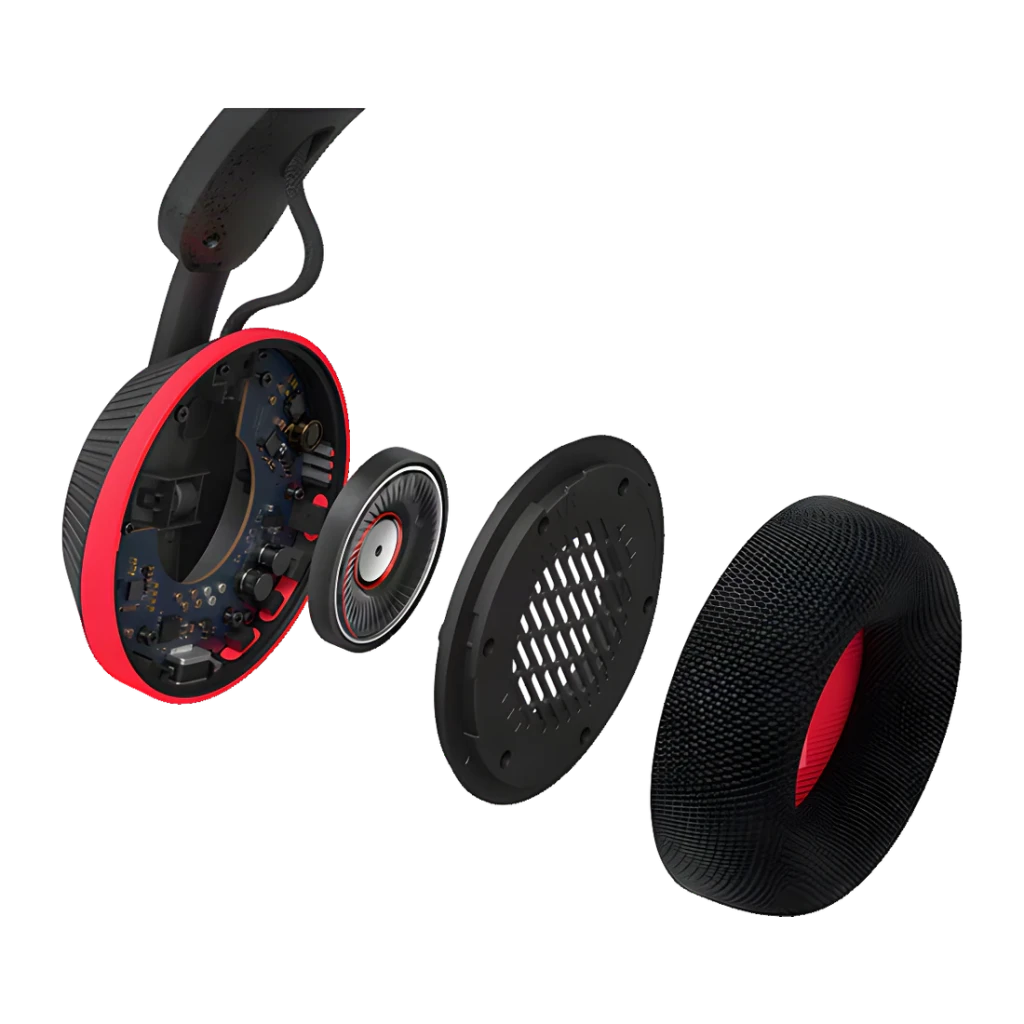 Philips TAA6219BK noir, vue éclatée: intérieur du casque avec circuit, driver, grille et coussin séparés