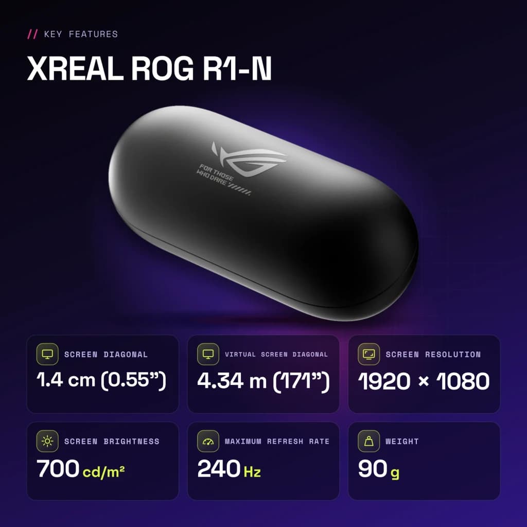 XREAL ROG R1-N Noir Réalité Augmentée Micro OLED 1920x1080 240Hz - caractéristiques, 1,4 cm (0.55")