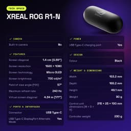 XREAL ROG R1-N Noir Réalité Augmentée Micro OLED 1920x1080 240Hz - caractéristiques, 166,2 mm