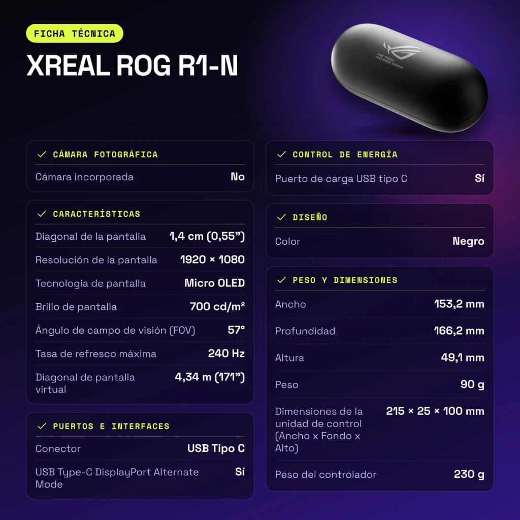 XREAL ROG R1-N Noir Réalité Augmentée Micro OLED 1920x1080 240Hz - caractéristiques, 153,2 mm