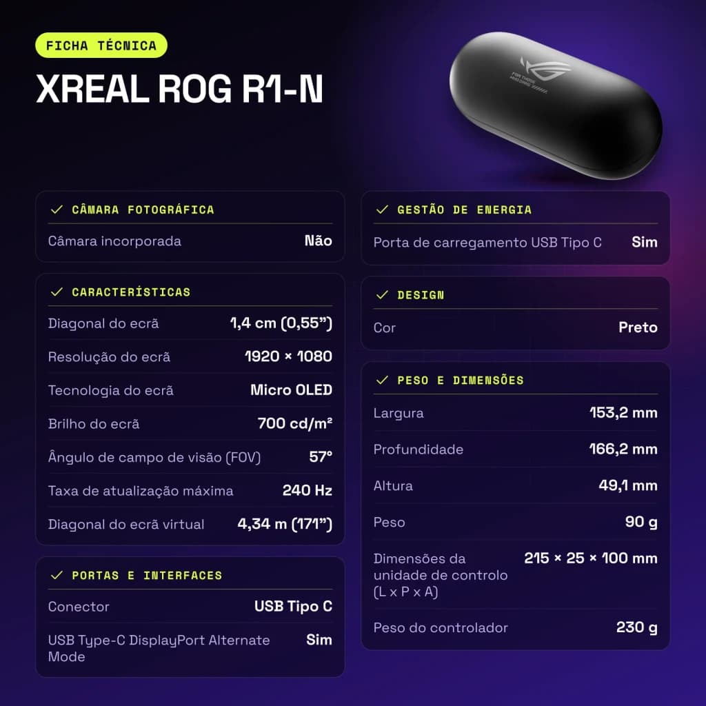 XREAL ROG R1-N Noir Réalité Augmentée Micro OLED 1920x1080 240Hz - caractéristiques, 215 x 25 x 100 mm