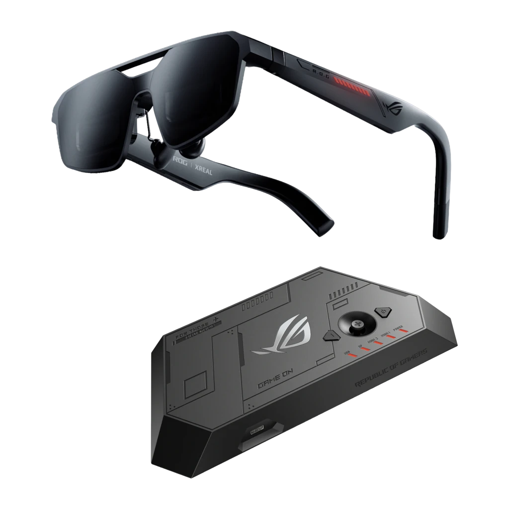 XREAL ROG R1-N Noir Réalité Augmentée Micro OLED 1920x1080 240Hz, vue ensemble: lunettes AR angle arrière avec logo ROG
