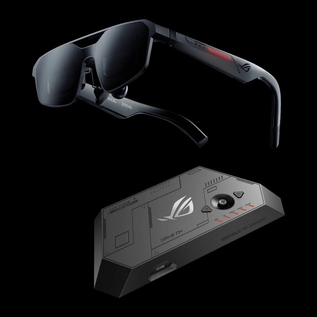 XREAL ROG R1-N Noir Réalité Augmentée Micro OLED 1920x1080 240Hz, vue ensemble: lunettes AR angle arrière avec logo ROG