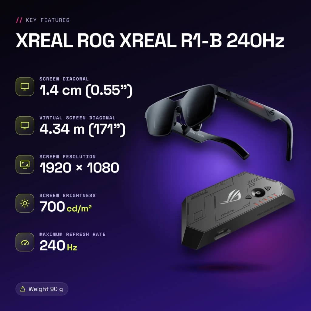 XREAL ROG XREAL R1-B 240Hz Noir Réalité Augmentée Micro OLED 1920x1080 - caractéristiques