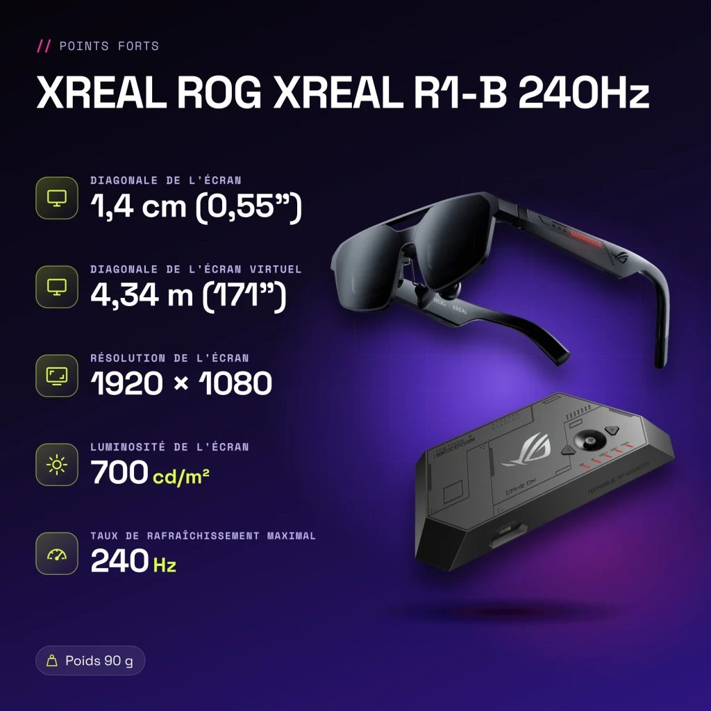 XREAL ROG XREAL R1-B 240Hz Noir Réalité Augmentée Micro OLED 1920x1080 - caractéristiques