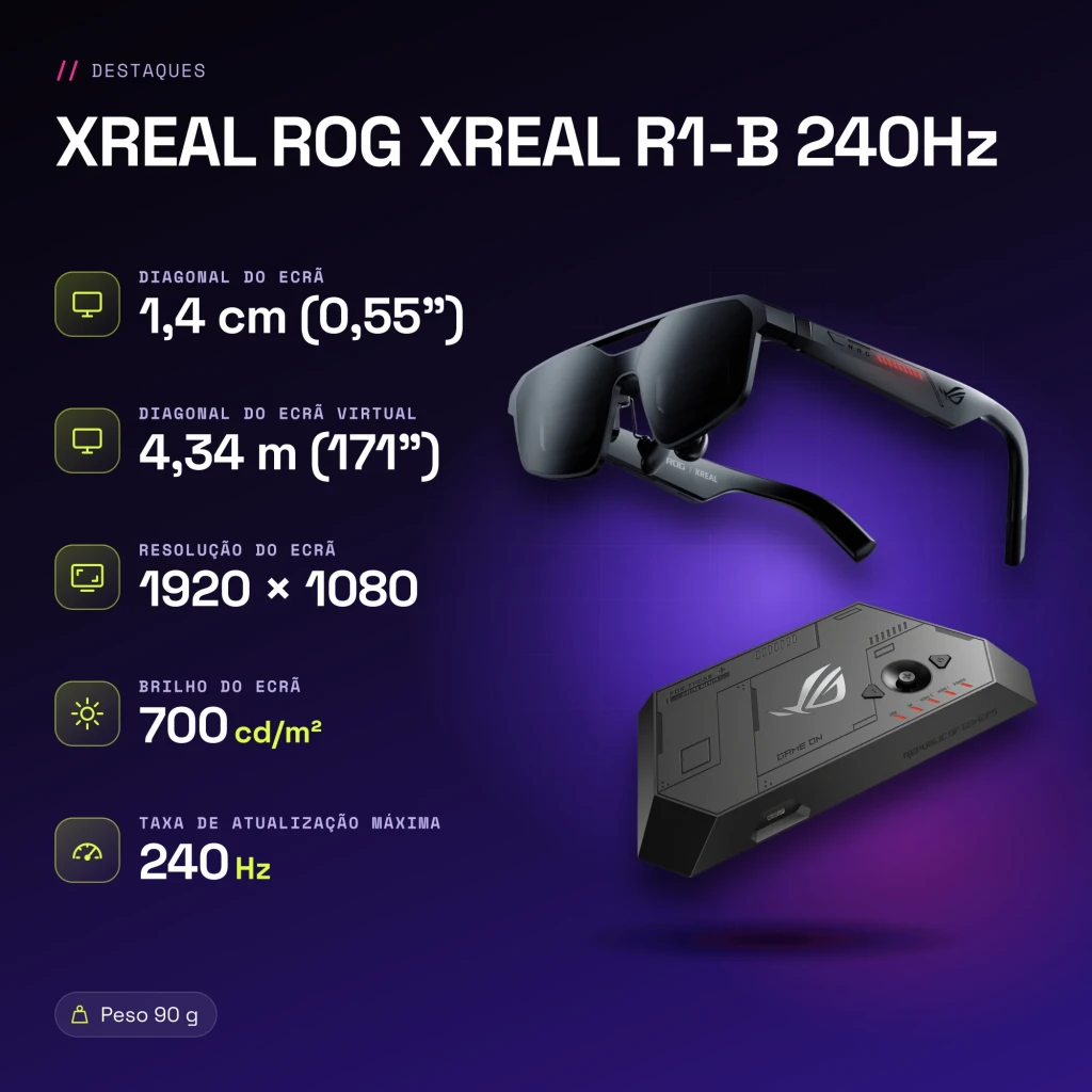 XREAL ROG XREAL R1-B 240Hz Preto Realidade Aumentada Micro OLED 1920x1080 - características