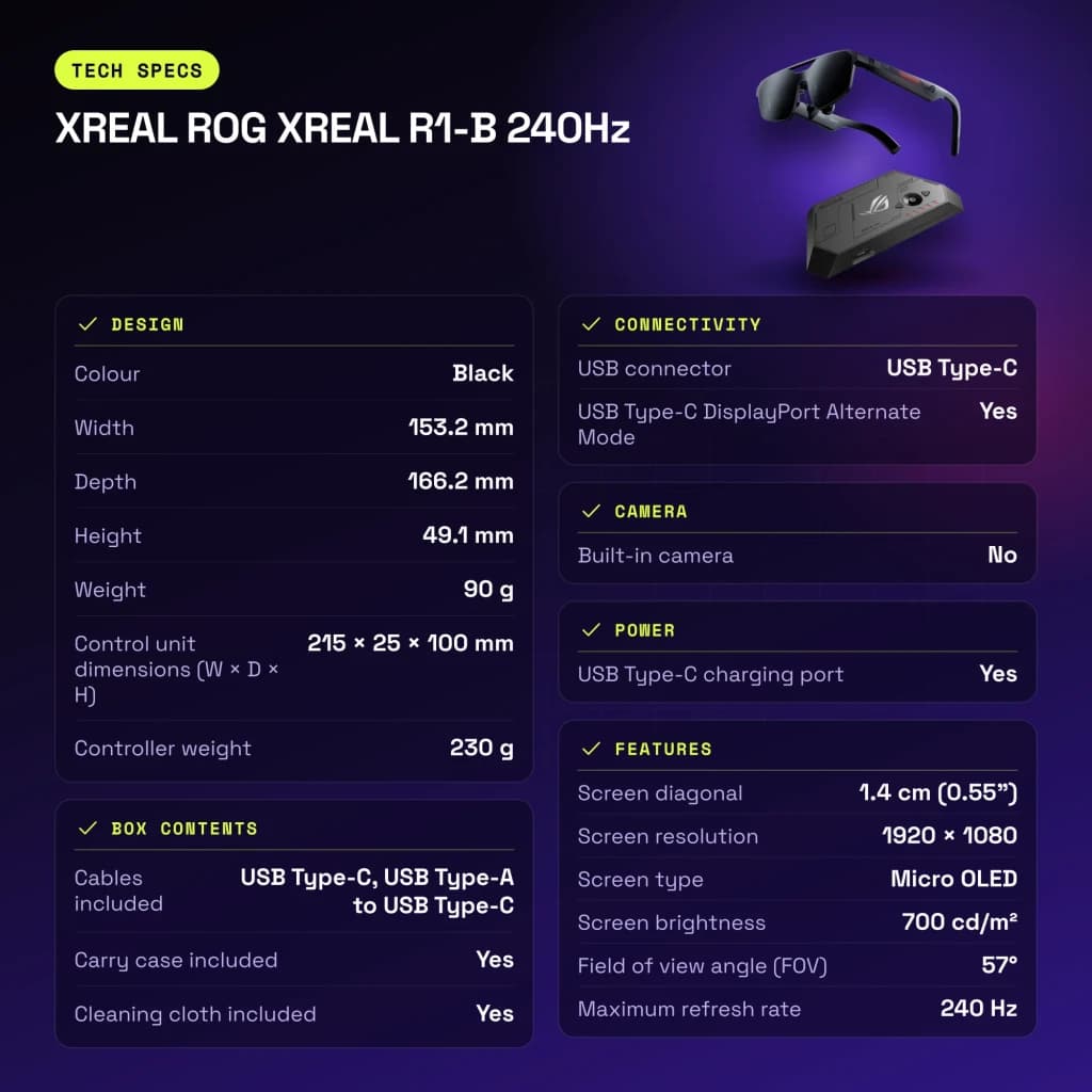XREAL ROG XREAL R1-B 240Hz Noir Réalité Augmentée Micro OLED 1920x1080 - caractéristiques