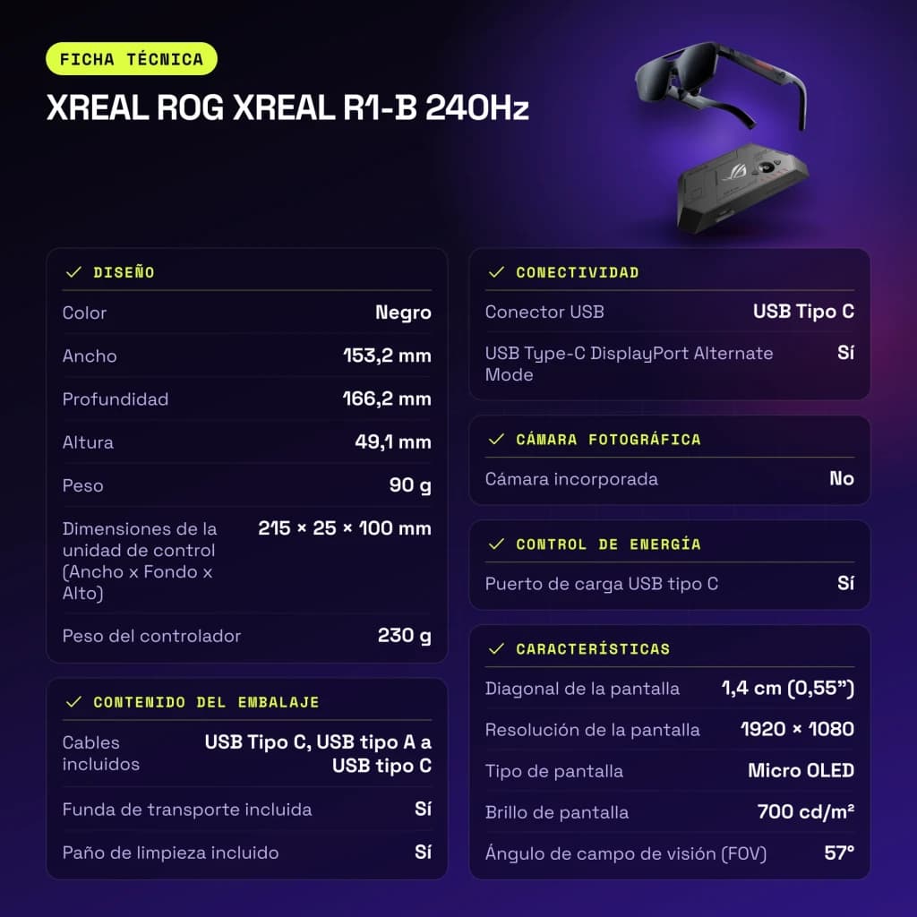 XREAL ROG XREAL R1-B 240Hz Noir Réalité Augmentée Micro OLED 1920x1080 - caractéristiques
