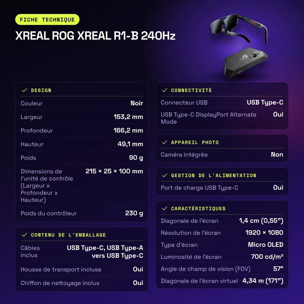 XREAL ROG XREAL R1-B 240Hz Noir Réalité Augmentée Micro OLED 1920x1080 - caractéristiques